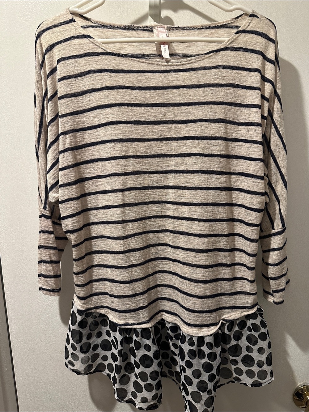Striped Boatneck Tunic with Polka Dot Ruffle Hem - Cream & Navy